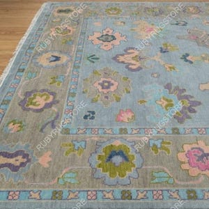Blue Oushak Rug 9x12 With Gray Border, Green Wool Rug, Purple Pink Accent Turkish Rug, Modern Area Rug For Living Room, Kitchen, Bedroom.