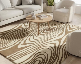 Wood Grain Pattern Rug – Modern Hand-Tufted Beige & Brown Area Carpet | Natural Aesthetic Living Room Rug | 5x8 6x9 8x10 9x12.