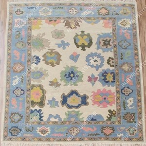 Cream Blue Pink Modern Oushak Hand Knotted Rug 4x6, 5x8, 6x9, 8x10, 9x12, 10x14 ft Handmade Rugs for Living Room - Antique Ethnic rug.