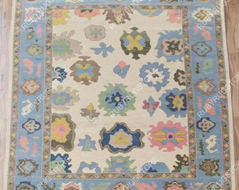 Cream Blue Pink Modern Oushak Hand Knotted Rug 4x6, 5x8, 6x9, 8x10, 9x12, 10x14 ft Handmade Rugs for Living Room - Antique Ethnic rug.