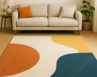 Modern Abstract Area Rug – Hand-Tufted Geometric Shapes in Rust, Mustard & Teal | Minimalist Contemporary Carpet | 5x8 6x9 8x10 9x12.