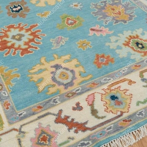 Sky Blue Oushak Rug 8x10, Ivory Area Rug, Rust Olive Green & Gold Accents Turkish Rug, Modern Colorful Wool Rug 9x12 For Dining area decor.