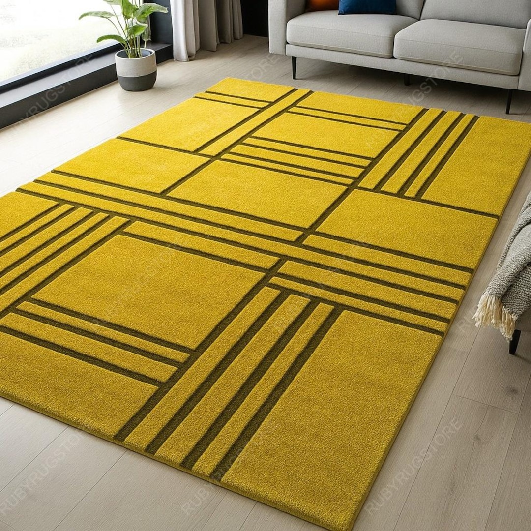 Yellow Geometric Pattern Rug, Modern Mustard Abstract Area Carpet for ...