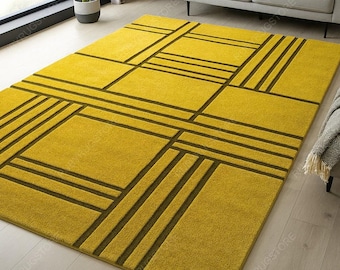 Yellow Geometric Wool Rug, Modern Abstract Design