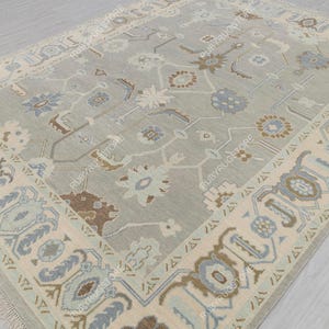 8x10 Bedroom Rug, Living Room Rug, Oushak Rug Gray Cream with muted Blue Brown accents Turkish Style Inspired Hand Knotted Soft Wool Rug.