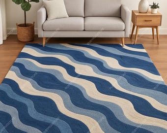 Alfombra de lana ondulada azul y crema de 5 x 8, 8 x 10, 9 x 12: moderna alfombra con mechones hechos a mano para decoración de sala de estar, dormitorio y oficina.