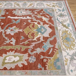Ivory & Red Oushak Rug, Modern Area Rug 9x12, Colorful Blue Green Rug, Large Turkish Rug For Living Room, Handmade Wool Rug 8x10.