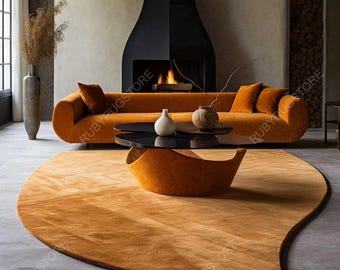 Modern Abstract Irregular Shape Golden Premium Woolen Hand Tufted Area Rug Handmade For Living, Dining, Kids, Bedroom And Home.