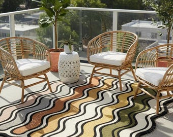 Retro Wavy Area Rug – Multicolor Groovy Hand-Tufted Carpet | Curvy Abstract Pattern Rug for Living Room | 5x8 6x9 8x10 9x12.