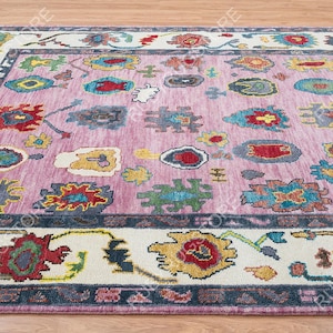 Pink White Rug, Colorful Oushak Rug, Blue Green Red Area Rug, Modern Living Room Rug, Textured Wool Rug, Contemporary Pink Turkish.