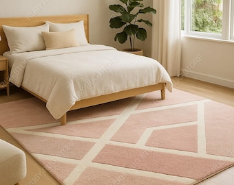 Blush Pink Wool Rug – Hand-Tufted Geometric Modern Carpet