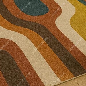 May include: A colorful area rug with a retro design featuring curved stripes in shades of orange, brown, yellow, green, and cream. A small potted plant sits on the edge of the rug.