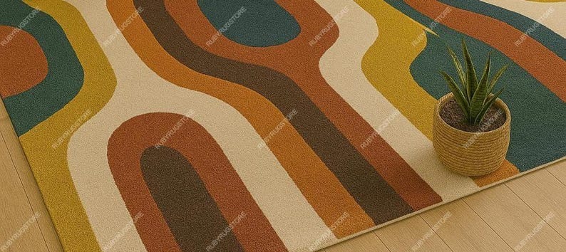 May include: A colorful area rug with a retro design featuring curved stripes in shades of orange, brown, yellow, green, and cream. A small potted plant sits on the edge of the rug.
