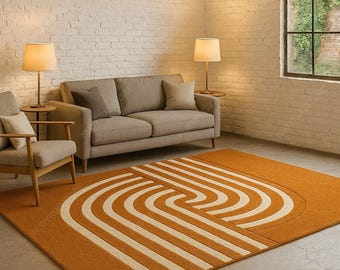Alfombra con patrón de arco retro naranja, alfombra moderna de mediados de siglo para sala de estar, dormitorio, oficina, diseño geométrico atrevido, alfombra suave de 5 x 8, 6 x 9, 8 x 10.
