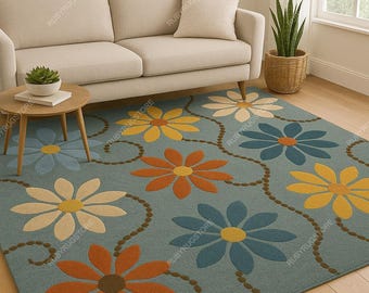 Alfombra de lana floral colorida de 8 x 10 pulgadas, alfombra de margaritas con mechones azules, amarillos y óxido, hecha a mano, decoración de sala de estar con patrón de flores boho, alfombra de lana moderna hecha a mano.