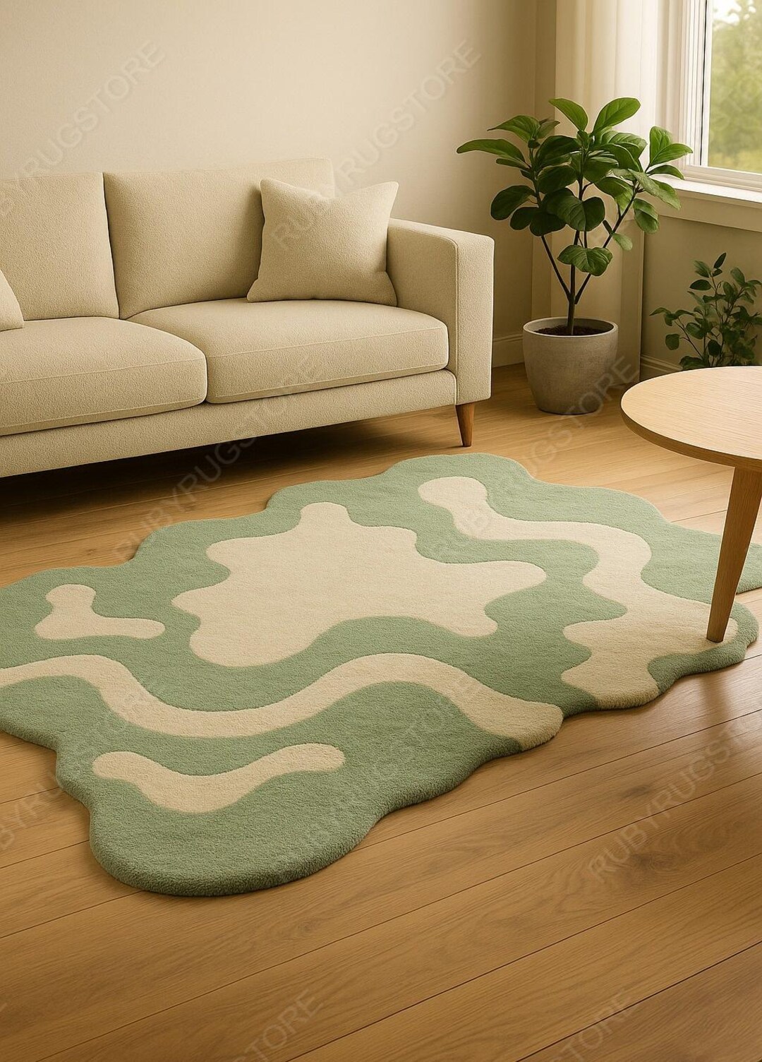 Sage Green & Cream Abstract Wavy Rug – Modern Hand-tufted Organic Shape ...