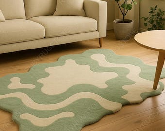 Sage Green & Cream Abstract Wavy Rug – Modern Hand-Tufted Organic Shape Carpet | Soft Plush Retro Style Area Rug | 5x8 6x9 8x10 9x12.