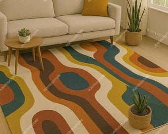 Alfombra ondulada retro de 9 x 12: alfombra abstracta moderna de mediados de siglo en mostaza, verde azulado, óxido y crema: alfombra estilo funky de los años 70 para sala de estar.