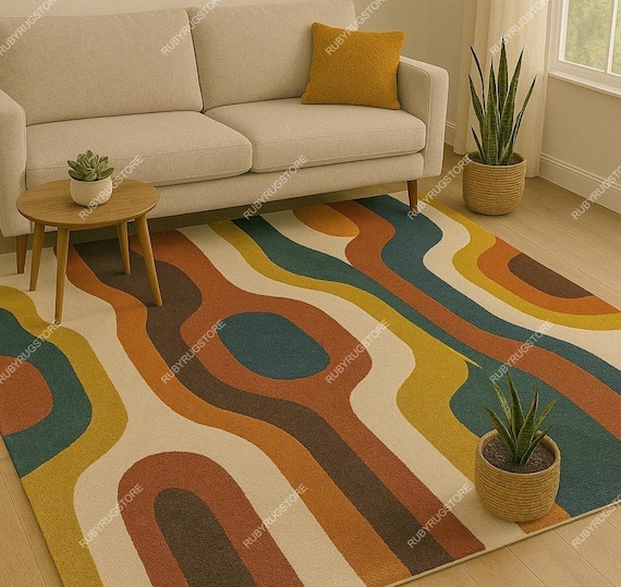 9x12 Retro Wavy Area Rug – Mid Century Modern Abstract Rug in Mustard, Teal, Rust, and Cream – Funky 70s Style Rug for Living Room.