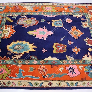 9x12 Navy Blue Hand knotted Oushak Rug, Modern Colorful Wool Rug, Pink & Orange Accent Turkish Rug, Blue Area Rug For Living Room, Kitchen.