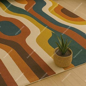 May include: A colorful area rug with a retro design featuring flowing, wavy stripes in shades of brown, orange, yellow, teal, and cream. A small potted plant in a woven basket sits on the rug, adding a touch of greenery.