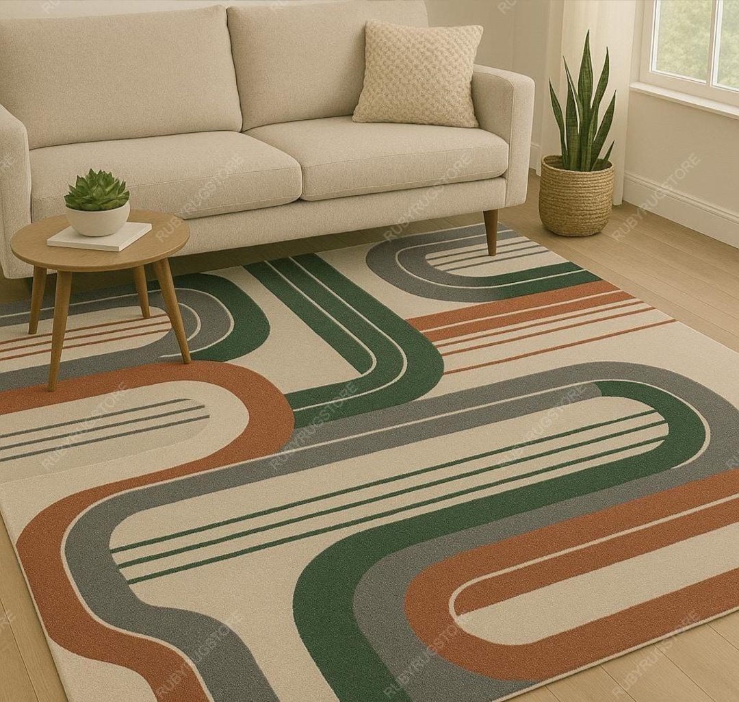 Hand-tufted Wool Rug 8x10: Geometric Curves, Modern Neutral Carpet. - Etsy