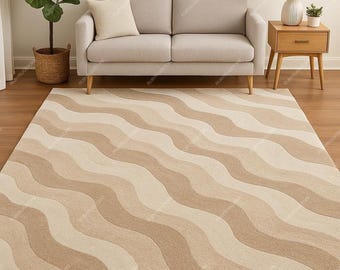 Alfombra de lana ondulada beige y crema de 8 x 10: alfombra minimalista con mechones hechos a mano, alfombra de decoración moderna neutra para sala de estar, dormitorio y oficina.