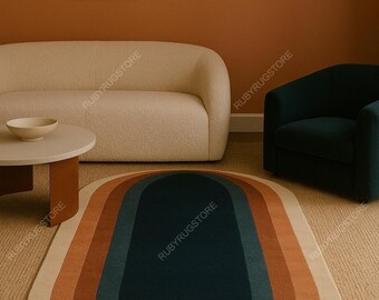 Alfombra de lana ovalada retro con mechones hechos a mano de 5 x 8 pulgadas, alfombra con bloques de color en óxido, azul verdoso y beige, alfombra de piso moderna de mediados de siglo para sala de estar y dormitorio.