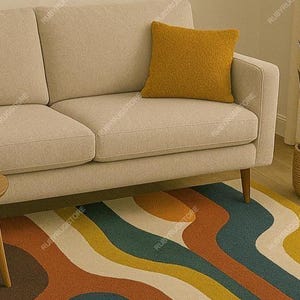 May include: A living room scene featuring a beige sofa with a mustard-colored pillow. A round wooden side table holds a small potted succulent. A colorful rug with wavy stripes in orange, yellow, teal, and brown adds a pop of color. A tall potted plant sits nearby.