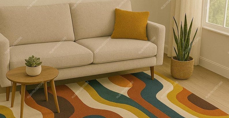 May include: A living room scene featuring a beige sofa with a mustard-colored pillow. A round wooden side table holds a small potted succulent. A colorful rug with wavy stripes in orange, yellow, teal, and brown adds a pop of color. A tall potted plant sits nearby.