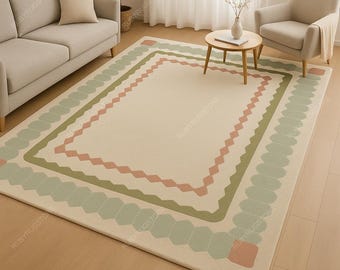 Alfombra de lana con mechones geométricos en tonos pastel, hecha a mano, de 5 x 8, 8 x 10 y 9 x 12 pulgadas: moderna alfombra hecha a mano para sala de estar, decoración minimalista suave en crema, salvia y rubor.
