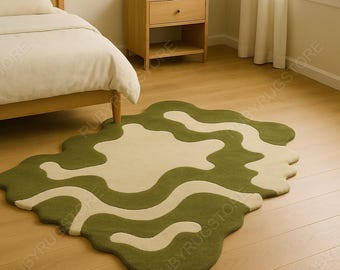 Sage Green & Cream Abstract Wavy Rug – Modern Hand-Tufted Organic Shape Carpet | Soft Plush Retro Style Bedroom | 5x8 6x9 8x10 9x12.