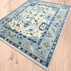 9'x12' Authentic Cream & Sky Blue Oushak Area Rug with Olive Green Motifs: Modern Coastal Comfort Rug for any Room, Interior and offices.