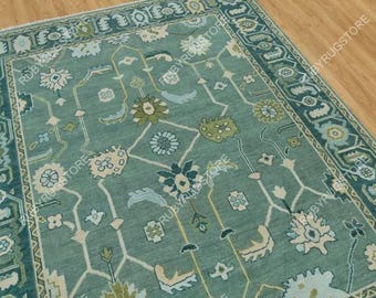 Green Turkish Oushak Hand Knotted Contemporary rug 4x6, 5x8, 6x9, 8x10, 9x12, 10x14 ft Handmade Rugs for Living Room.