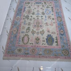 Cream Light Blue Premium Hand Knotted Modern Oushak Rug Premium Wool Hand Knotted Turkish Inspired.