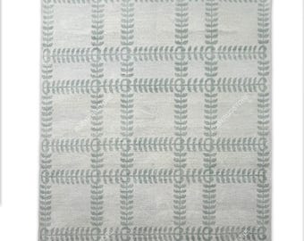 Alfombra Oushak moderna turca verde con crema hecha a pedido (¡en cualquier tamaño!). Alfombra Oushak moderna con nudos geométricos/área grande/salvia/alfombra Oushak apagada.