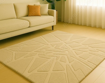 Beige Abstract Area Rug – Modern Hand-Tufted Carved Pattern Carpet | Minimalist Neutral Living Room Rug | 5x8 6x9 8x10 9x12.