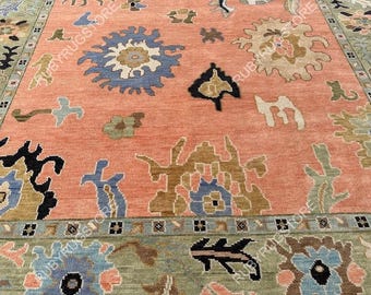 Alfombra anudada a mano estilo Oushak color melocotón de 4 x 6, 5 x 8, 6 x 9, 8 x 10, 9 x 12, 10 x 14 pies Alfombras hechas a mano para sala de estar - Alfombra contemporánea antigua.