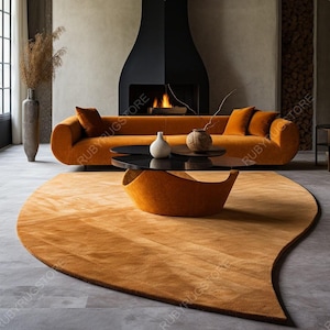 Modern Abstract Irregular Shape Golden Premium Woolen Hand Tufted Area Rug Handmade For Living, Dining, Kids, Bedroom And Home.