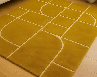 Mustard Yellow Geometric Area Rug – Modern Hand-Tufted Grid Pattern Carpet | Soft Plush Contemporary Living Room Rug | 5x8 6x9 8x10 9x12.