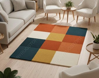 Color Block Geometric Area Rug – Modern Multicolor Hand-Tufted Carpet | Teal, Mustard, Orange & Cream Living Room Rug | 5x8 6x9 8x10 9x12.