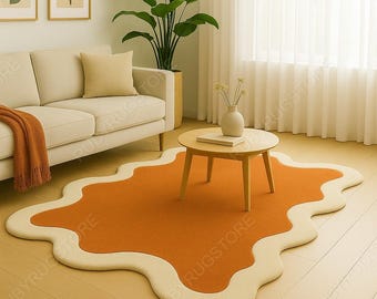 Modern Wavy Edge Area Rug – Hand-Tufted Abstract Shape Carpet in Orange & Cream | Soft Contemporary Rug for Living Room | 5x8 6x9 8x10 9x12.