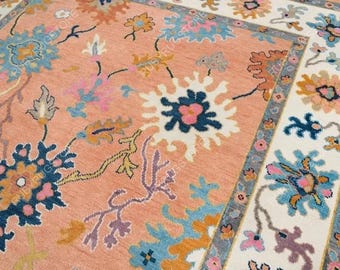 Alfombra moderna Oushak de 9 x 12, alfombra de colores brillantes de 8 x 10, alfombra turca naranja y marfil con detalles en azul marino, alfombra de lana hecha a mano, alfombra de área contemporánea.
