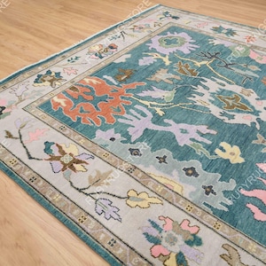 Modern Oushak Rug, Cream White Deep Sea Blue Green Area Rug 8X10, Colorful Contemporary Wool Rug, Floral Turkish Rug For Living Room.