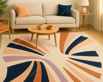 Alfombra de área de bloques de color moderno de 9 x 12 en azul marino, melocotón y terracota, con mechones curvos abstractos hechos a mano para sala de estar, dormitorio, pasillo y comedor.