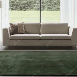 May include: A modern living room setup featuring a light beige sofa with a decorative pillow, a green rug, and a floor lamp. The rug is rectangular and covers a large area of the floor. The room has large windows with sheer curtains.