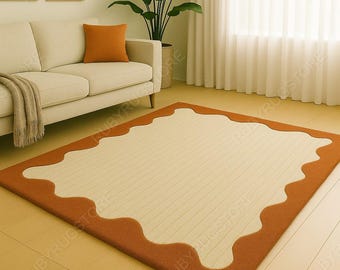 Cream & Rust Wavy Border Area Rug – Modern Hand-Tufted Textured Carpet | Organic Edge Contemporary Decor | 5x8 6x9 8x10 9x12.