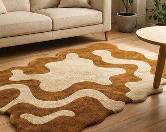 Brown & Cream Abstract Wavy Rug – Modern Hand-Tufted Organic Shape Carpet | Soft Plush Retro Style Area Rug | 5x8 6x9 8x10 9x12.