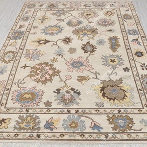 Beige Area Rug, Ivory Faded Gray Oushak Rug, Multicolored Wool Rug, Muted Blue Pink brown Rug, Large Turkish Rug, Floral Carpet.