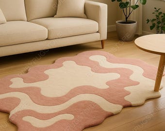 Hand-Tufted Wool Rug – Blush Pink Cream Abstract Organic Carpet